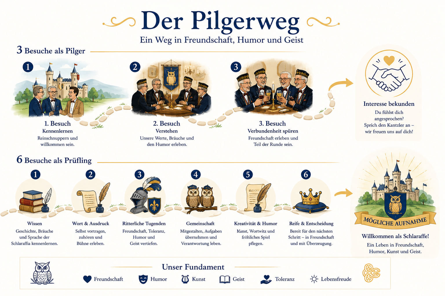 Grafische Darstellung des Wegs vom Gast über Pilger und Prüfling bis zur möglichen Aufnahme in die Schlaraffia