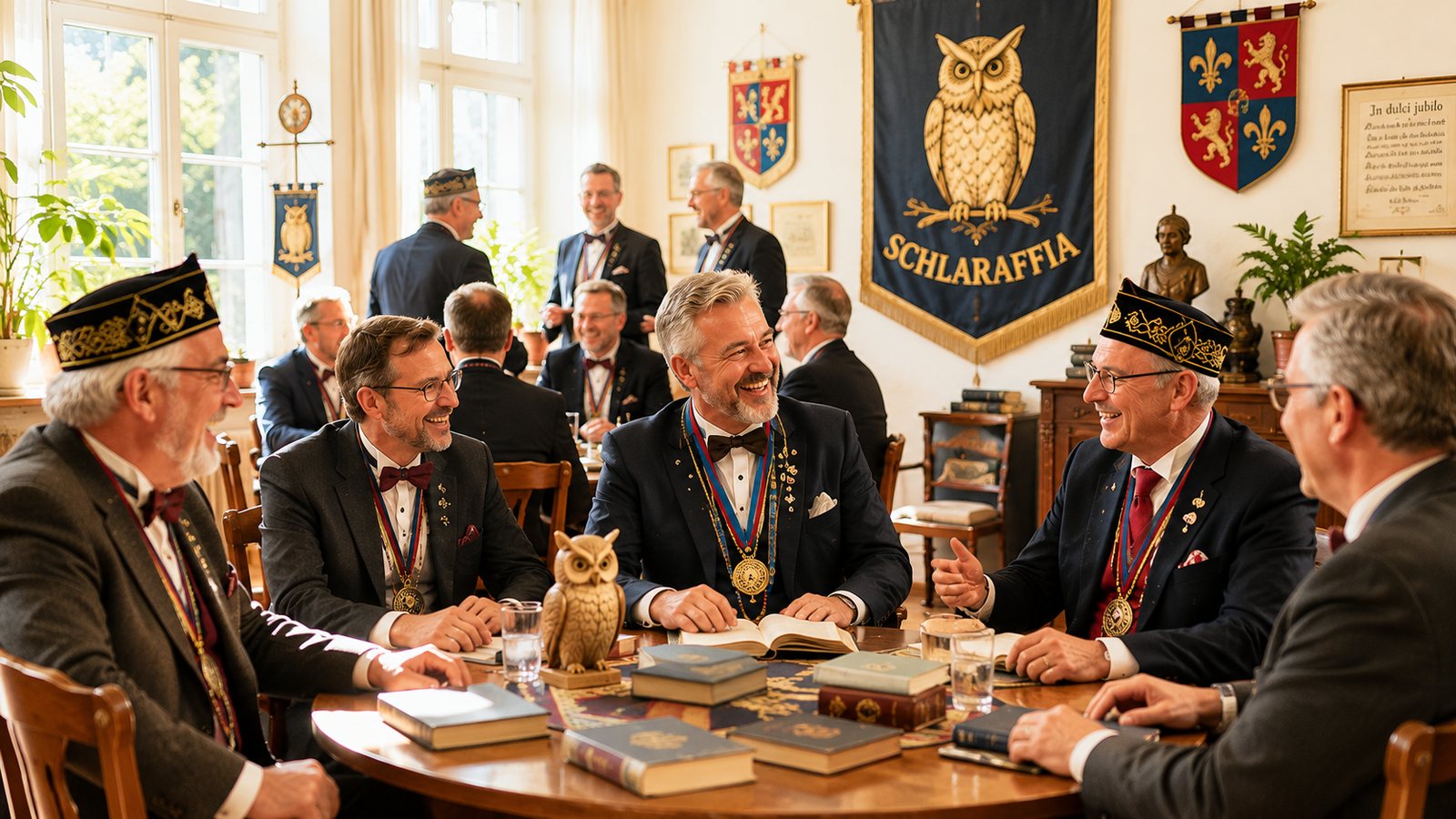Schlaraffen in festlicher Runde bei einer geselligen Zusammenkunft im Burgsaal