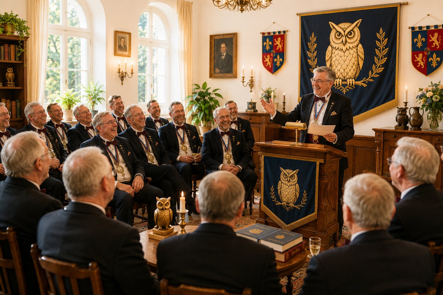 Schlaraffen bei einer Sippung im hellen Burgsaal